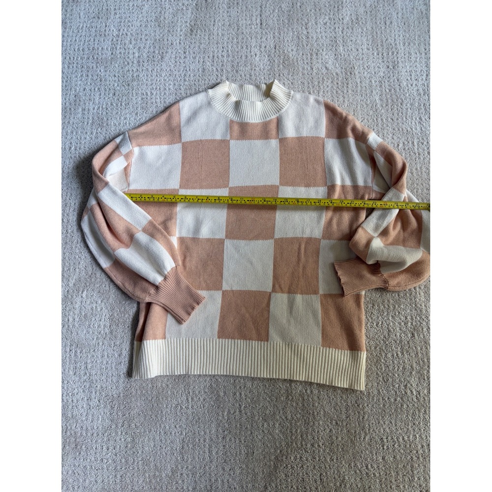 Zesica Womens Large Checkerboard Oversized Sweater Tan Cream Lantern Sleeve Knit